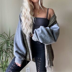 Furst of a Kind neutral plaid raw hem hooded button up oversized shirt jacket